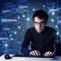 Hacker programing in technology enviroment with cyber icons