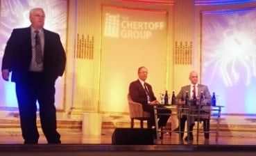 Former NSA director Keith Alexander and former head of Homeland Security Michael Chertoff are introduced by Bill Marshall, managing director at The Chertoff Group